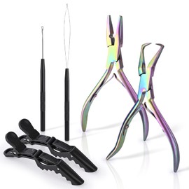 EHDIS Hair Extensions Tools Kit, 2 Stainless Steel Pliers for Hair Apply&Remove Micro Ring Loop, 2 Loop Needle Threader Pulling Hook, 2 Clip, Multi Functional Hair Extension Tool, Coloured titanium