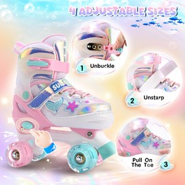 SULIFEEL Roller Skates for Girls Kids with Light Up Wheels, Adjustable 4 Sizes for Little Kids Toddler Beginner Rollerskates