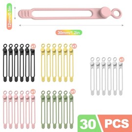 ZukoCert - 30 bridas de silicona para cables, bridas de goma reutilizables y bridas de engranaje, bridas flexibles de silicona con cierre y bridas de cable para gestión y organización de cables, 5