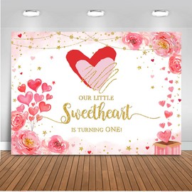 Mocsicka Sweetheart 1st Birthday Backdrop Valentine Birthday Decorations Banner Valentine's Day Our Little Sweetheart is Turning One Birthday Party Decorations Banner Props (8x6ft)