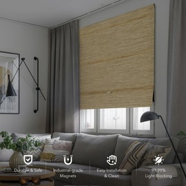 GoDear Design 99.99% Blackout Magnetic Roman Shades, No Drill Cordless Woven Fabric Blinds for Windows, Doors, Bedroom, Living Room & Kitchen, Thermal Insulation, Energy Efficient, 35"W x 65"L, Ocher