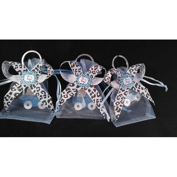 Party Supplies 12 Blue Safari Boy Organza Favor Bags with Baby Stroller Key Chain Baby Shower
