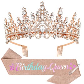 Araluky Birthday Queen Sash and Crown, Happy Birthday Sash for Women & Crown Set Tiaras for Women Princess Party Decorations