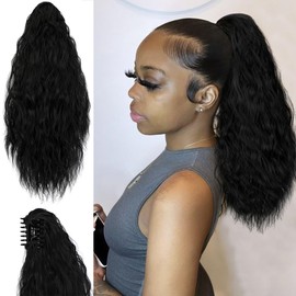 Yekartary Claw Clip Ponytail Extension for Women 18 Inch Long Wavy Multi Layered Hairpiece Fluffy Synthetic Hair Dark Black