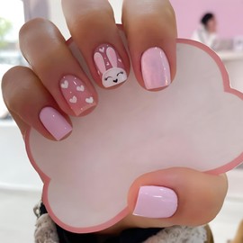 Easter Press on Nails Short Square Fake Nails Pink Full Cover White Bunny False Nails with Designs Glossy Glue on Nails Cute Acrylic Nails Manicure Artificial Nails for Women Girls 24Pcs
