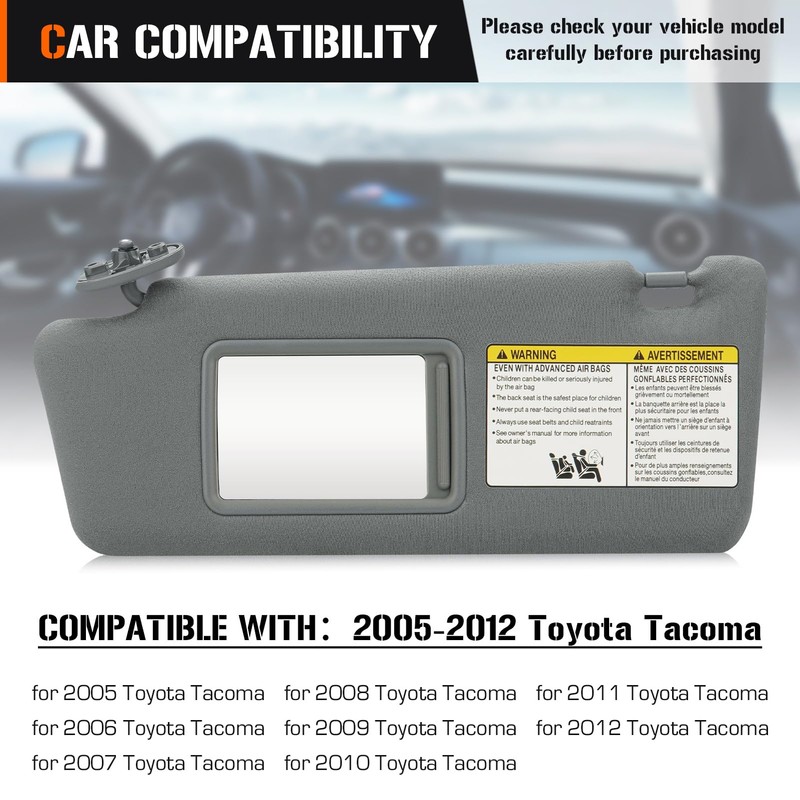 Sun Visor for 2005-2012 Toyota Tacoma, Left Driver Side Gray