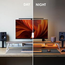 Fenge Dual Monitor Stand, 2 Tiers Acrylic Monitor Riser with LED Lights, 42.5 Inch Wood and Aluminum Desk Shelf with Phone and Tablet Holder