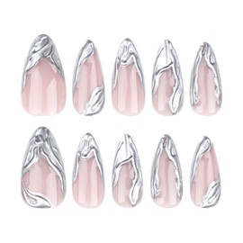 TENPAL French Tip Press on Nails Simple 3D Silver Swirls Curves False Nails Press ons Stiletto Fake Nails With Glue Sweet Cool Girls Style Artificial Nails With Y2k Designs French Tips 24pcs