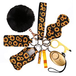 AMIR Safety Keychain Set for Women and Kids, 10 Pcs Safety Keychain Accessories, Safety Keychain Set for Girls with Safe Sound Personal Alarm, No Touch Door Opener, Whistle and Pom, Yellow