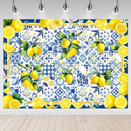 Mocsicka Blue Tiles Lemon Backdrop Summer Lemon Fruit Bridal Shower Background Party Decorations Lemon Wall Paper Dessert Table Banner Photo Booth Props (7x5ft)