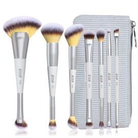Jessup Set Brocha de Maquillaje 7pcs Brochas para Maquillaje Doble Punta, Pinceles Sintéticas para Base, Contorno, Rubor, Iluminador, Cejas y Sombras con Bolsa, Quiet Gray T520