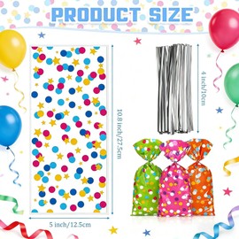 Pajean 100 Pcs Cellophane Treat Bags, Polka Dots Goodie Star Party Favor Treat Candy Bags with 100 Twist Ties Rainbow Stars Theme for Birthday Pride Day Party Supplies (Dot Style)