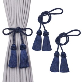Pretty Jolly 2 Pack Double-Ended Tassel Curtain Tiebacks European Style Decorative Drape Tie Backs Elegant Handmade Braided Rope Knot Curtain Holdbacks for Home & Office Window Drapery (Dark Blue)