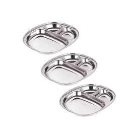 Satre Online and Marketing Stainless Steel Oval Shape 3 Compartment Lunch/Dinner Plate Set 3, Steel Thali, Lunch/Dinner Plate Set, Thali Set 3 (3 Pcs)