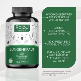 Lungwort Capsules High Dose - 600 mg Lungwort (Lungword) per Daily Dose - 160 Capsules with NAC, Mullein & Vitamin C - 20:1 Highly Concentrated Extract - Vegan & No Additives