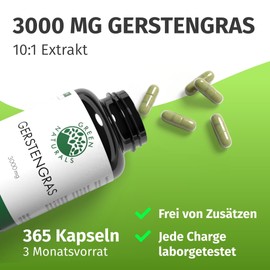 Barley Grass Capsules - Natural & Pure - High Dose: 3,000 mg with 10:1 Extract - 365 Capsules (3 Months) - Premium Quality from Germany - Vegan & Laboratory Tested - Green Naturals