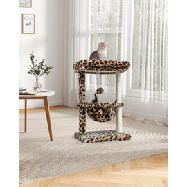 SYANDLVY Small Cat Tree for Indoor Cats, Unique Leopard Print Cat Tree Tower for Kitties, Condo Furniture with Hammock & Sisal Scratching Posts