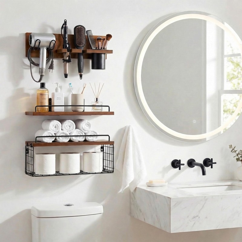 GODDGITT 3-Tier Bathroom Floating Shelves with Curling Iron Holder &