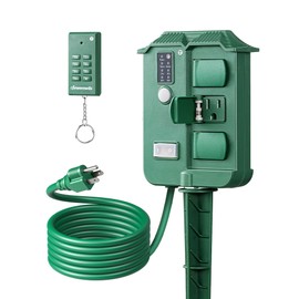 DEWENWILS Outdoor Power Stake Timer Waterproof, 100FT Wireless Remote Control, 6 Grounded Outlets, 6FT Extension Cord, Photocell Dusk to Dawn for Lights, Garden, UL Listed