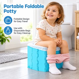 Foldable Portable Potty for Toddlers – Compact Blue ABS Plastic Travel Toilet with 30 Disposable Bags and Storage Pouch for Kids Ages 1–5