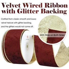 HUIHUANG Rust Red Velvet Wired Ribbon 2.5 inch Dark Red Velvet Ribbon with Gold Glitter Christmas Ribbon for Christmas Tree Decoration, Bows, Wreaths, Garlands, Home Decor-10 Yards