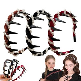 3 Pack Vintage High Cranium Artificial Pearl Hairband, Bridal Hair Hoop Rhinestones for Women and Girls, korean Hoop Band Headwear for Bride, Elegant Braided Pearls Headbands with Teeth (3 Pcs)