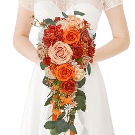 Faylifeway Burnt Orange Wedding Bouquets for Bride, Cascading Bridal Bouquet Artificial Flowers, 9.8 Inch Bride Bouquets for Wedding Decoration Boho Ceremony Church Anniversary Decor