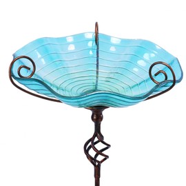 MUMTOP 31 Inch Height Glass Birdbaths, Outdoor Bird Bath Birdfeeder with Metal Stake Garden Yard Outside, Blue