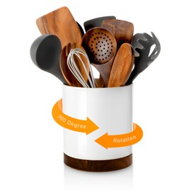 Nucookery 360° Rotating Utensil Holder, 7.2" Large Utensil Crock, White Ceramic Cooking Utensil Organizer with Countertop-Protection Cork Bottom for Farmhouse Kitchen Decor Christmas Gift (White)