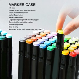 Fockety Marker Case 120 Slots Marker Case, PU Leather Holder with Large Opening, Zip, Easy Carry Handle, Marker Case, Lipstick Organiser for Art Pens, Lipstick, Mascara