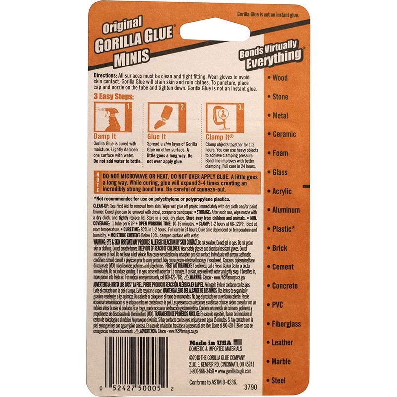 Gorilla Original Gorilla Glue, Brown, Waterproof Polyurethane Glue, Four 3
