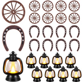 Yuntau 24 Pcs Western Themed Party Decorations Cowboy Table Centerpieces Lucky Horseshoe Mini Lantern Wooden Wagon Wheel Decor for Crafts Western Cowboy Party Birthday Wedding Favors Supplies