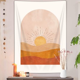 Bohemian Sun Vertical Tapestry, Bohemian Mountain Desert Tapestry Wall Hanging for Bedroom, Yellow Minimalist Tapestries Poster Beach Blanket College Dorm Home Decor (36"X48")