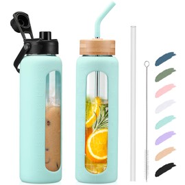 Kodrine Glass Water Bottles 32 oz Water Bottle with Straw, Sports Water Bottle with Handle, Clear Water Bottle with 2 lids Bamboo Lid and Spout Lid, Wide Mouth Water Bottle with Sleeve, Light Blue
