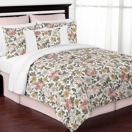 Sweet Jojo Designs Vintage Floral Boho Girl Full/Queen Size Kid Childrens Bedding Comforter Set - 3 Pieces - Blush Pink, Yellow, Green and White Shabby Chic Rose Flower Farmhouse