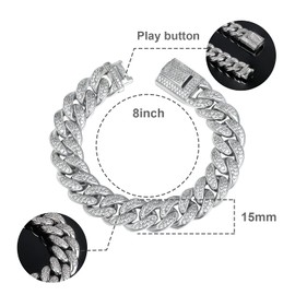 Gemsme Cubic Zirconia Iced Out Bracelet for Men Women 18K White Gold Plated Cuban Bracelets Hypoallergenic Hip Hop Jewelry 8.5 Inch