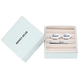 HONEY BEAR Oval Wedding Cufflinks Tie Clip Set for Mens Marriage Gift with Box,Brushed Silver,5.5cm (Groom)