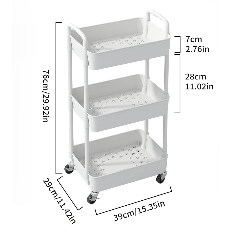 Sywhitta 3-Tier Plastic Rolling Utility Cart with Handle, Multi-Functional Storage