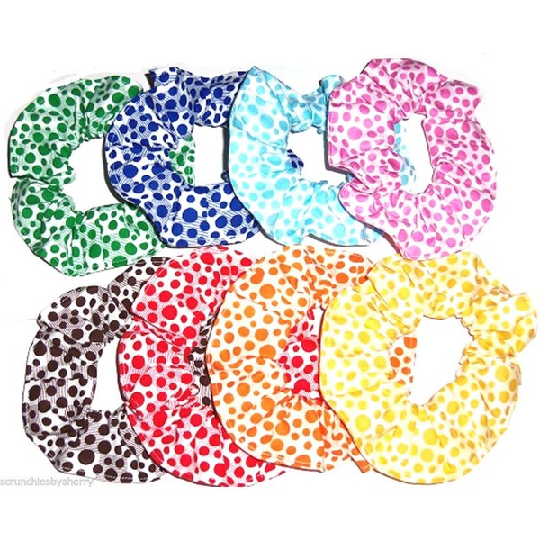 8 Dots on Blocks Fabric Hair Scrunchies Scrunchie Pink Blue Yellow Red Brown Orange Green made by Scrunchies by Sherry