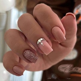Press on Nails Medium Length Square Fake Nails Powder Brown Gradient False Nails with Rhinestones Exquisite Design Glossy Glue on Nails Full Cover Acrylic Nails for Women Girls Daily Wear(24pcs)