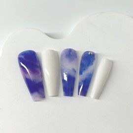 Blue Purple Press on Nails Long Coffin Fake Nails White Glue on Nails Ombre False Nails like grass Design Acrylic Nails Full Cover Glossy Stick on Nails Artificial Nails for Women Girls