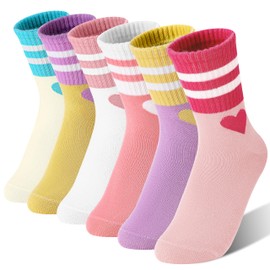 SAVALOS Kids Girls Socks Athletic Basketball Sport Youth Crew Cotton Gift Socks 6 Pairs Stocking Stuffers(Heart,9-15Years)