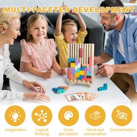 CLIUNT Wood Stacking Puzzle Toy, 3D Montessori Wooden Stacking Puzzles Toy, Intelligence Colorful 3D Blocks, Wooden Puzzle Board Geometric Building toys with 10 Cards Stress Relief Toys