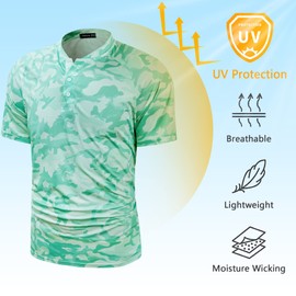 TAPULCO Mens Sun Protection UPF 50+ Collarless Golf Shirts Sports Tee Fast Dry Camouflage Polo Henley T-Shirts Camo Light Green Medium