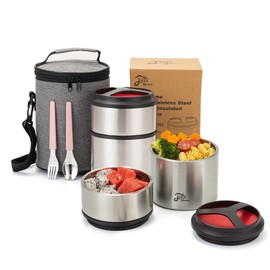 Lille Home 1500ml Thermos Food Flask, Vacuum Insulated Stackable Stainless Steel Thermal Lunch/Snack Box, 2-Tier Bento/Food Container with Lunch Bag (Red)