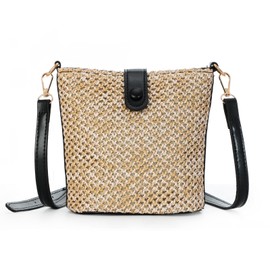 Fecialy Straw Crossbody Bag for Women Handmade Rattan Shoulder Bags Beach Summer Hand Woven Straw Clutch Purse, black