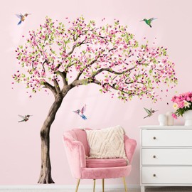 Large Blooming Cherry Tree Wall Decals Pink Peach Blossom Tree Hummingbirds Wall Stickers Peel and Stick Spring Wall Art Decor for Girls Bedroom Living Room Kitchen Sofa TV Backdrop Wall Decoration