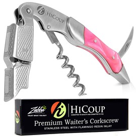 Hicoup Wine Opener - Professional Corkscrews for Wine Bottles w/Foil Cutter and Cap Remover - Manual Wine Key for Servers, Waiters, Bartenders and Home Use - Stainless Steel With Flamingo Resin Inlay
