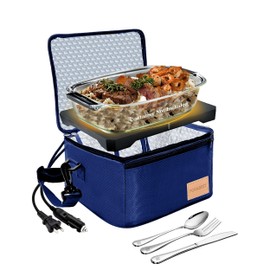 FORABEST Electric Lunch Box & Portable Oven Food Warmer 80W for Adults, Use for Heating and Cooking Meals in Office, Home & Work with Utensils & Insulated Bag, 12V/24V Car/Truck & 110/120V Home/Office