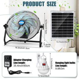 12 Inch Solar Rechargeable Floor Fan with lamp 15000mah Portable Powered Fan with Solar Panel 2-in-1,20w Battery Ventilador Con for Outdoor Patio Camping Chicken Coop Greenhouse Barn,360° Adjust Tilt